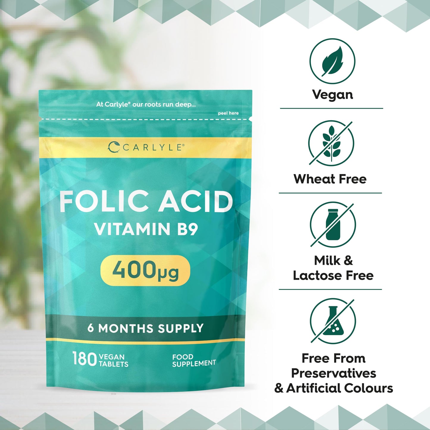 Folic Acid Tablets 400ug | 180 Count (6 Months Supply) | High Strength Vitamin B9 Supplement | Suitable for Vegetarians and Vegans | No Artificial Preservatives | by Carlyle