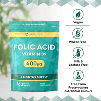 Folic Acid Tablets 400ug | 180 Count (6 Months Supply) | High Strength Vitamin B9 Supplement | Suitable for Vegetarians and Vegans | No Artificial Preservatives | by Carlyle