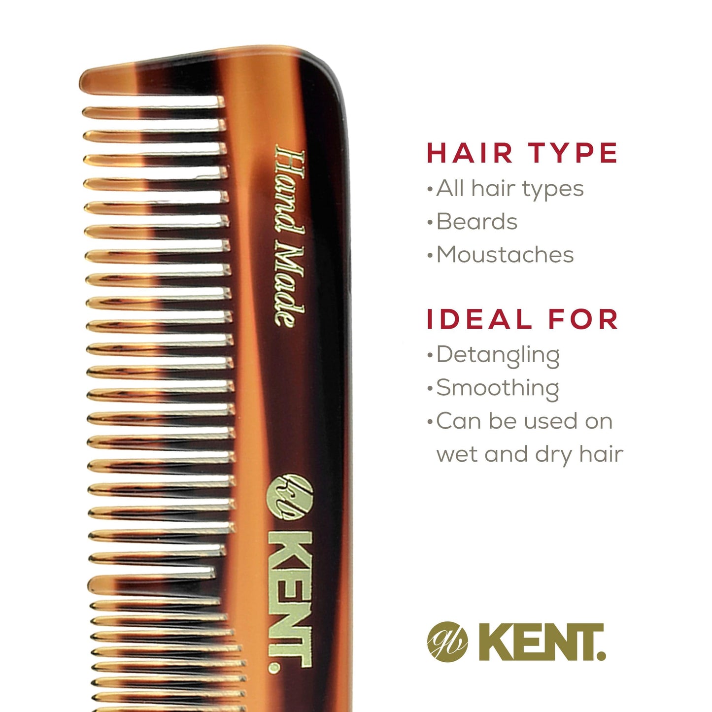 KENT Kent A OT Small Double Tooth Comb, Coarse/Fine Grooming Comb for Hair, Beard, Mustache, Men, Women and Kids. Saw Cut Hand Polished, Handmade in England