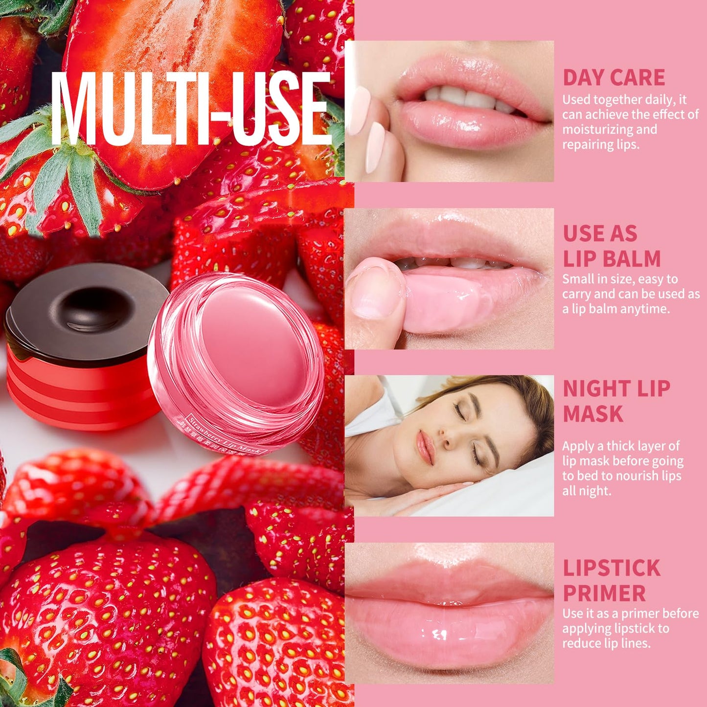 QUIWEN Honeybalm Lip Balm, Lip Mask Lip Sleeping Mask, 2 Pcs Honey+Strawberry Bee Balm, Moisturizing Skincare lip Mask for Day&Night Lip Care,Repair,Prevent Dry Crack,Lip Line Reducing