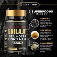 Shilajit SeaMoss and Lions Mane Capsules - 60 High-Strength Vegetable Capsules, 1600mg per Serving, Pure Shilajit, Natural Sea Moss, and Lion's Mane for Enhanced Cognitive and Physical Health