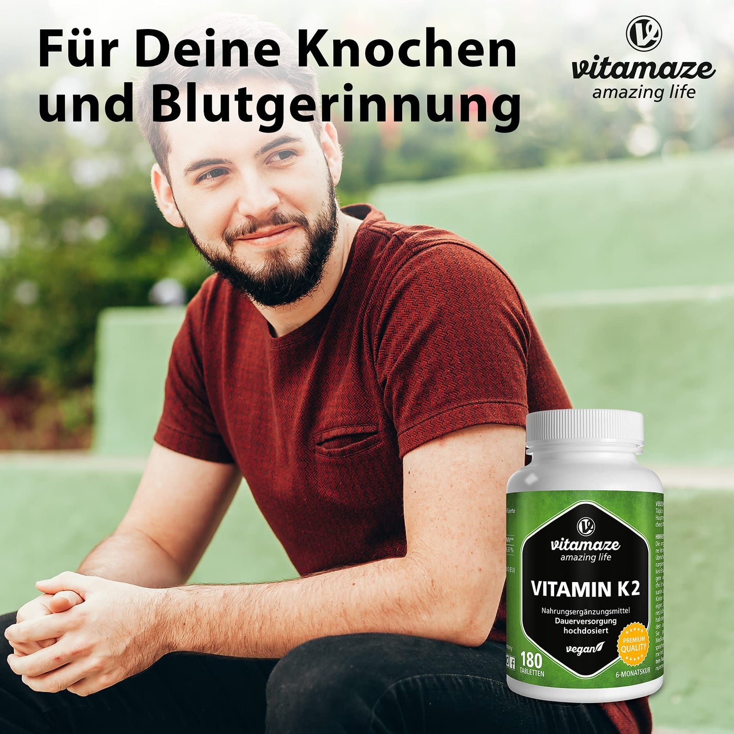 Vitamin K2 MK-7 200 mcg Vegan & High Strength Menaquinone, 180 Tablets for 6 Months, German Quality, Natural & Organic Supplement Without Additives