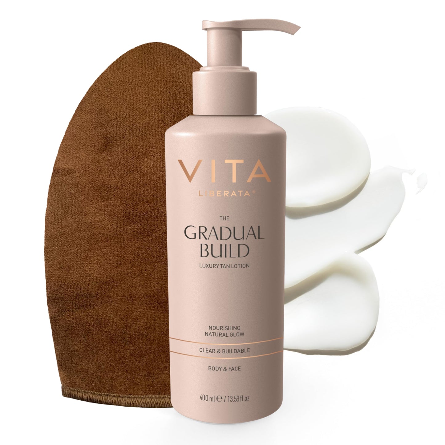 VITA LIBERATA, Fabulous Gradual Tanning Lotion 400ml & Dual Sided Self Tanner Mitt, Super Hydrating Hyaluronic Acid, Designed for Face & Body, Buildable Formula, Streak Free, Lasting Finish