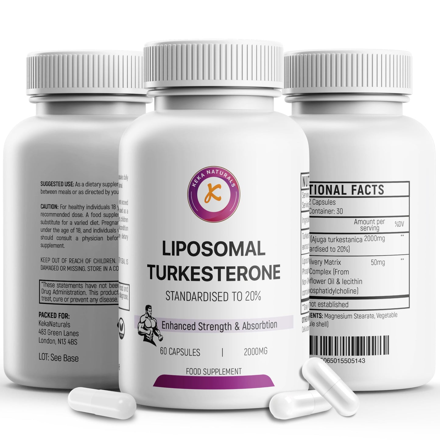 Keka Naturals Liposomal Turkesterone 2000mg, 60 Capsules, Standardised to 20%, Ajuga Turkestanica Extract, Ultra High Absorption, Strength & Muscle, No Additives, Non-GMO, 60 Capsules