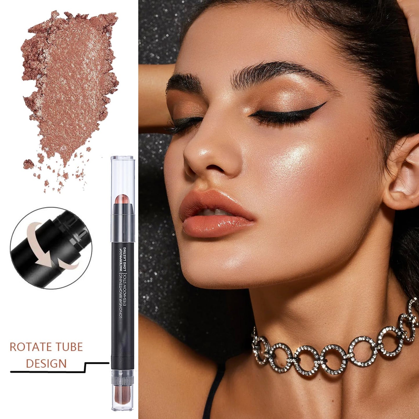 HAORQEE Eyeshadow Stick, Glitter Gold Eye Shadow Pen Cream Metallic Shimmer Dual-Ended Eyeshadows Pencil Crayon Brighten Waterproof Long Lasting High Pigmented with Brush Eye Makeup for Women