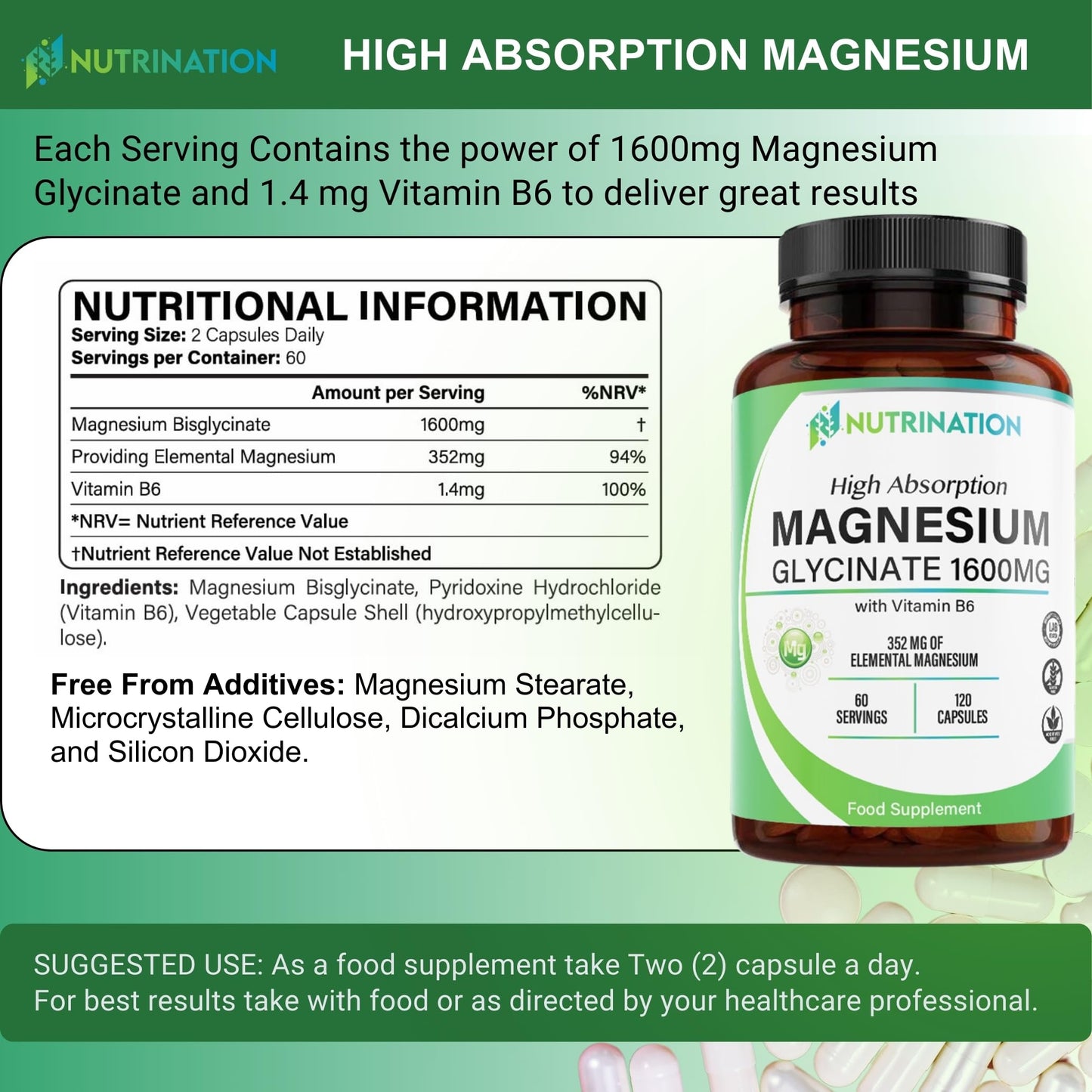 Magnesium Glycinate Supplement 1600mg with Vitamin B6, 352mg of Elemental Magnesium, 94% Daily NRV, 120 High-Strength Capsules 2 Months Supply, Supports Muscle & Nerve Health, Vegan, Lab Tested