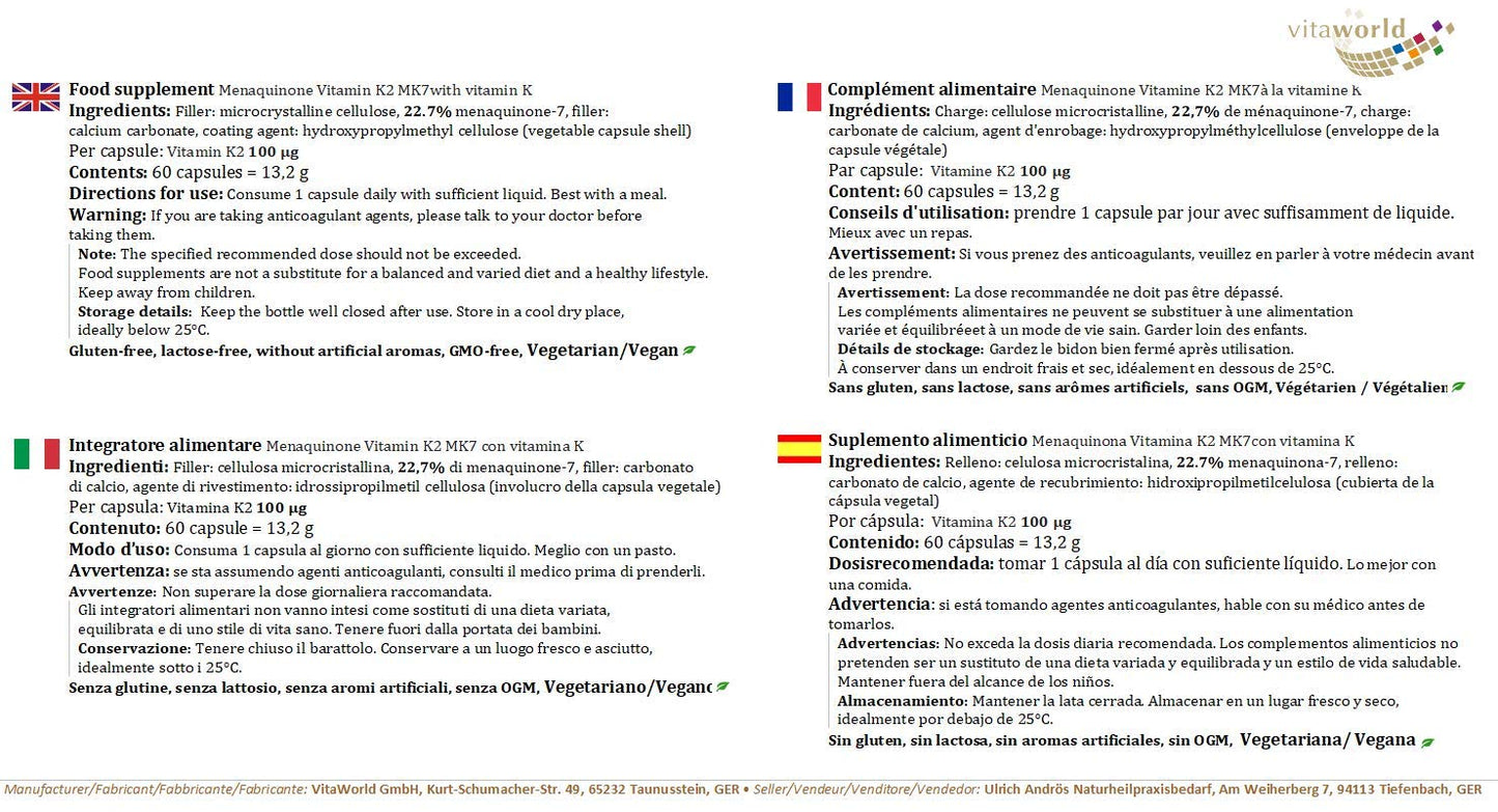 Vita World Menaquinone MK-7 Vitamin K2 All-Trans 100µg 60 Vegetarian Capsules Made in Germany