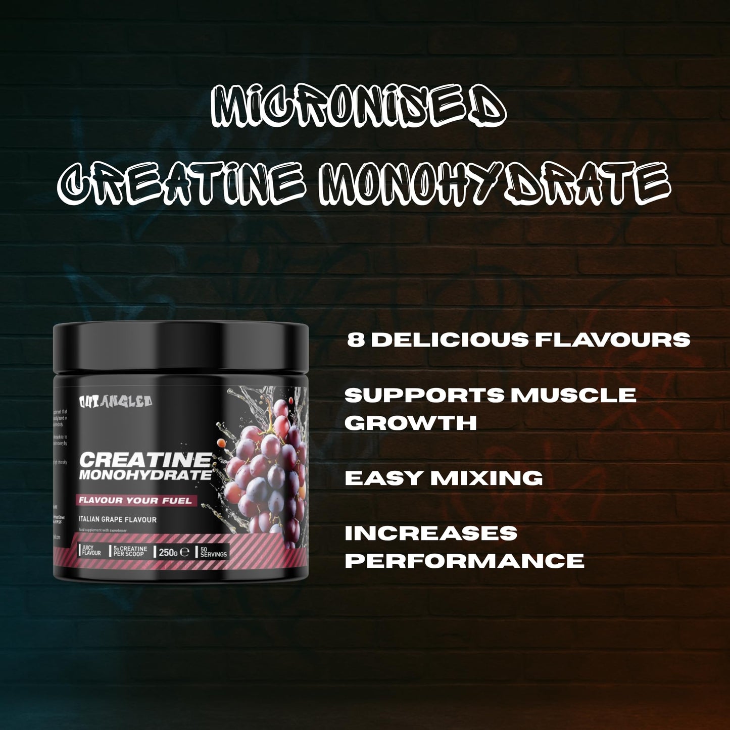 OUT ANGLED Out Angled Creatine Monohydrate Powder, Italian Grape, 50 Servings, Micronised for Easy Mixing, Muscle Growth, Muscle Recovery and Strength Performance