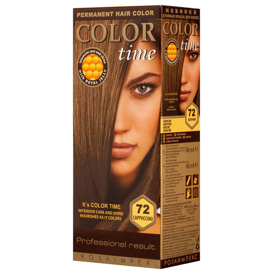 Color time COLOR TIME | Permanent Gel Hair Dye Cappuccino Color 72 | Enriched with Royal Jelly and Vitamin C | Permanent Hair Color | Covers Gray Hair | 100 ML