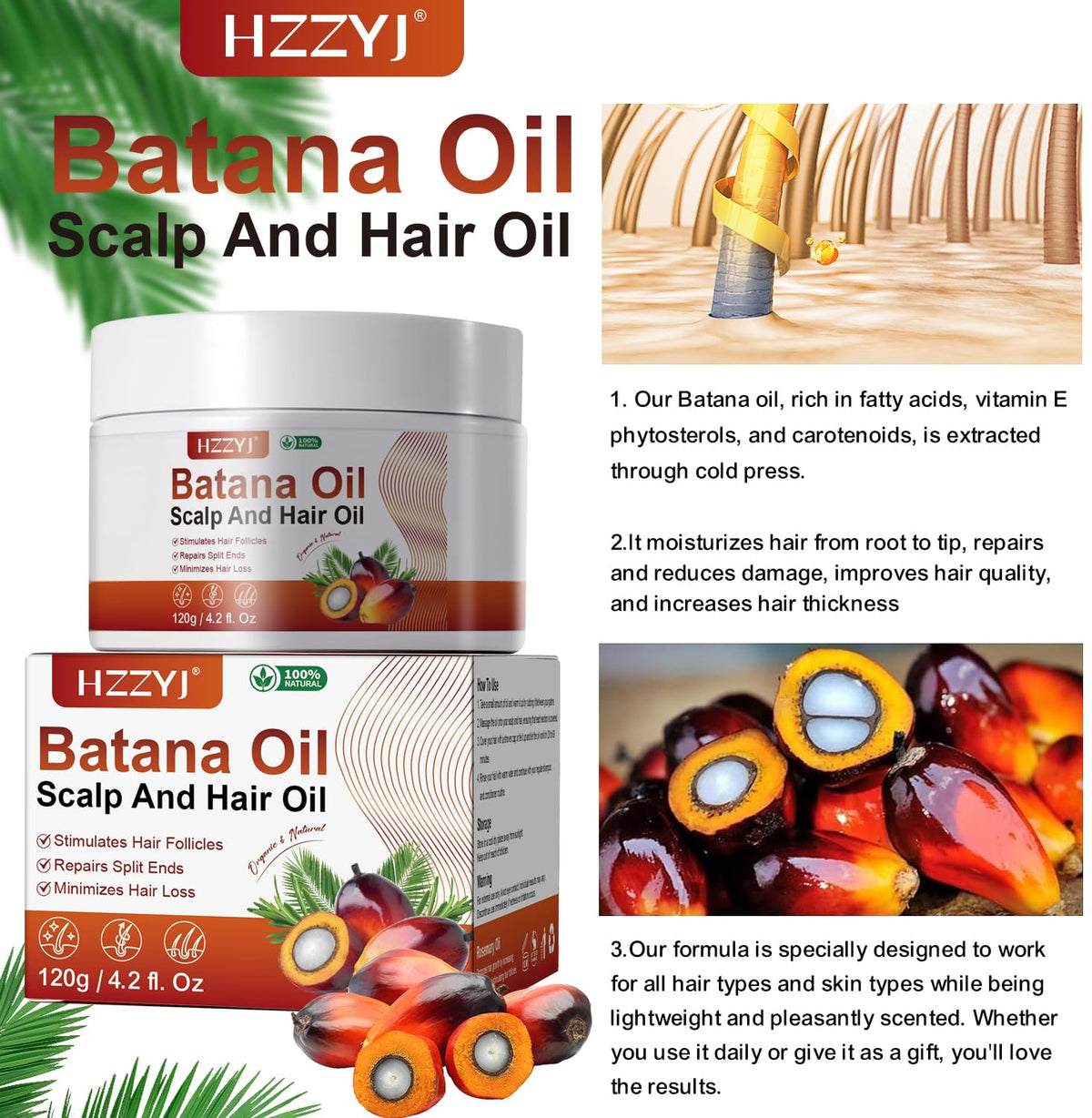 VIDIND Batana Oil Promotes Hair Growth, Natural and Healthy, Can be Used as A Hair Mask and Hair Oil, Moisturizes Hair, Repairs Damaged Hair, Makes Hair Thicker and Fuller (120g)