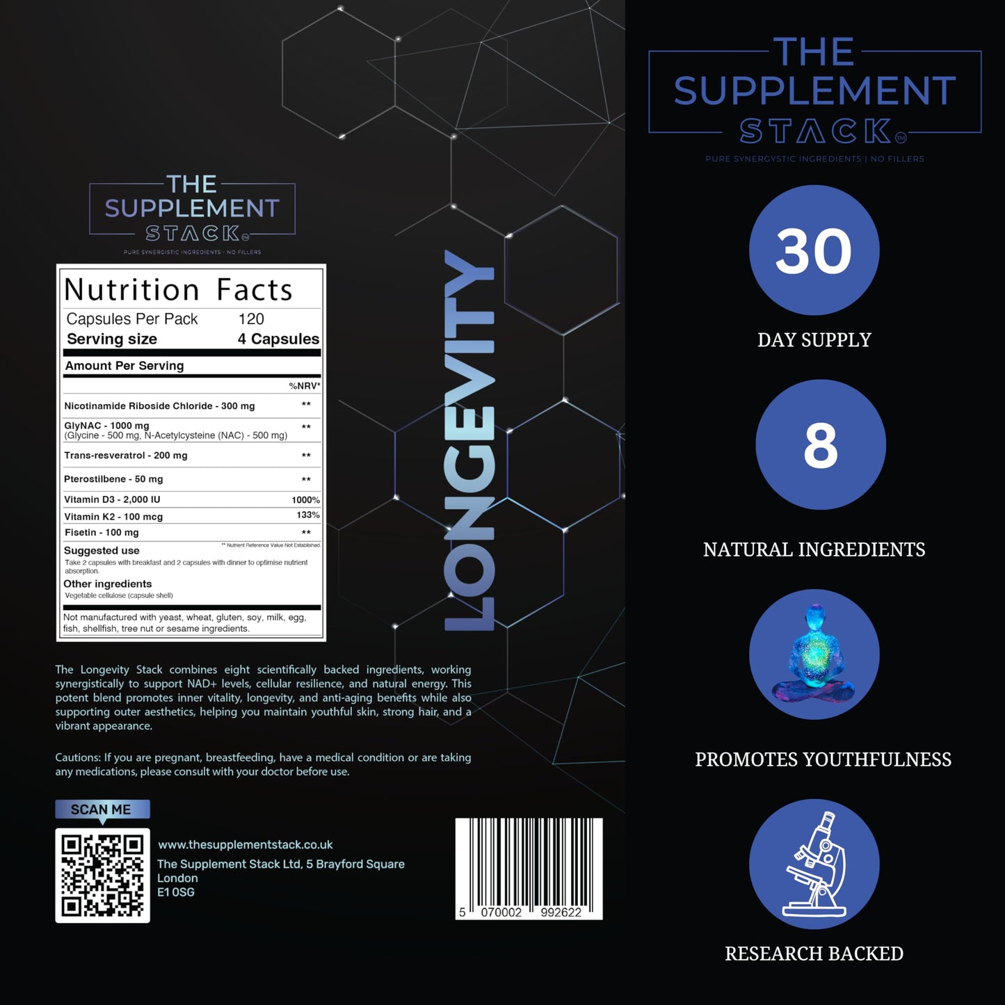 The Supplement Stack Longevity - Anti-Aging NAD+ Supplement with Nicotinamide Riboside, Glycine, NAC, Trans-Resveratrol, Pterostilbene, Fisetin & Vitamin D3/K2 for Cellular Health, Energy, and Vitality – Premium Formula