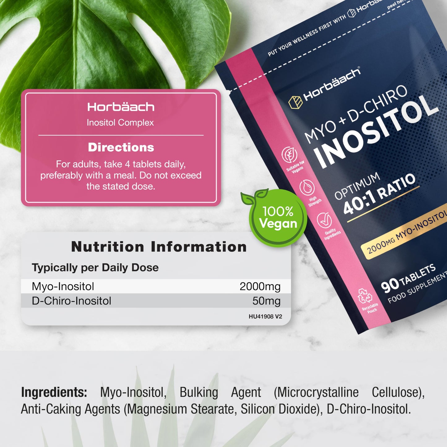 Horbäach Myo Inositol D Chiro Inositol | 90 Vegan Tablets | Powder Alternative | High Strength 2000mg Myo-Inositol | Optimum 40:1 Ratio | Letter-Box Friendly Packaging | by Horbaach