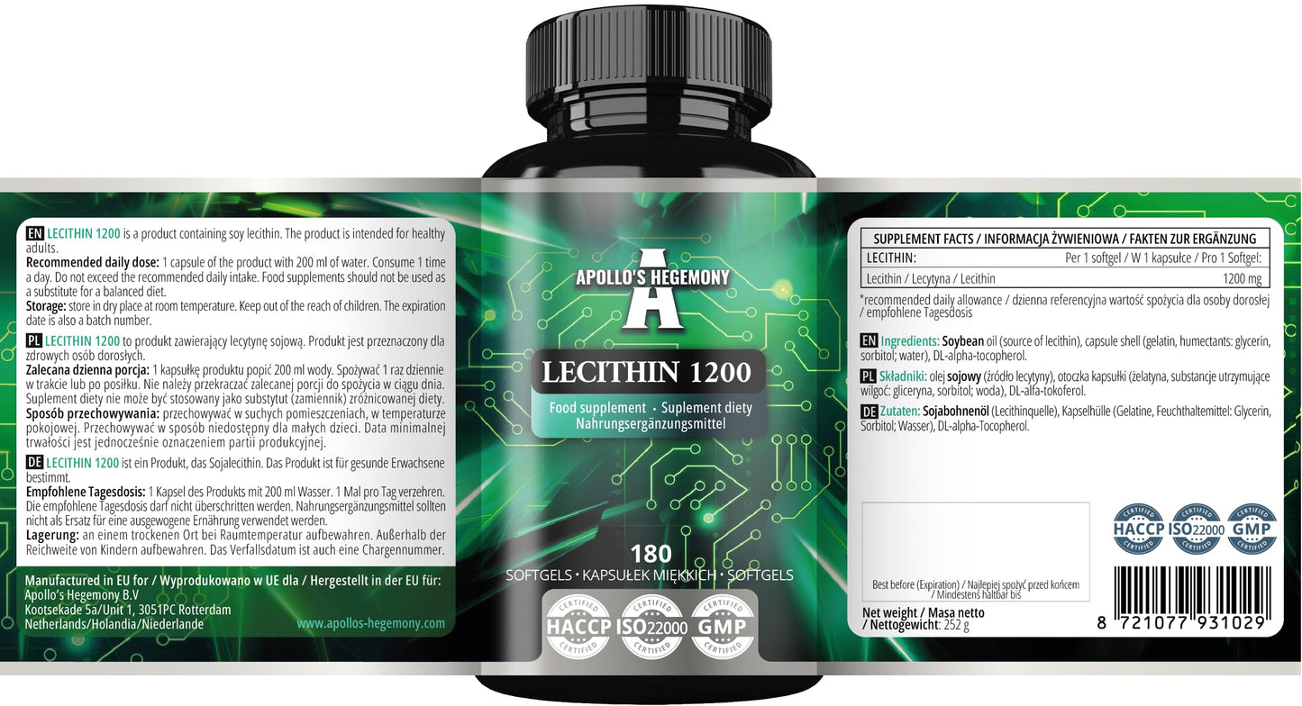 APOLLO'S HEGEMONY Lecithin 1200mg with Vitamin E - 180 Softgel Capsules - High Strength Soy Lecithin Supplement - 6 Months Supply - Supports Cognitive and Cardio Health - by Apollo's Hegemony