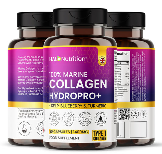 HALO NUTRITION Collagen Capsules - Marine Collagen Capsules with Hyaluronic Acid & Turmric- High Strength Collagen Supplements for Women & Men - 90 Capsules - Premium Collagen Complex for Skin Joints Hair