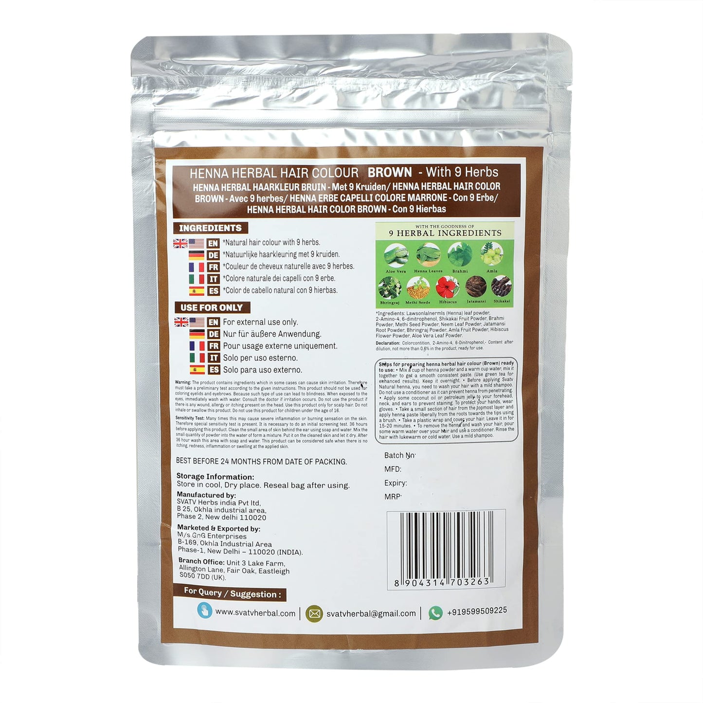SVATV Brown Henna Hair Colour with Goodness of 9 Herbs | Brown Henna Mehndi for Hair, Make Hair Soft & Shiner Natural Hair Color for Men & Women 227g,08oz