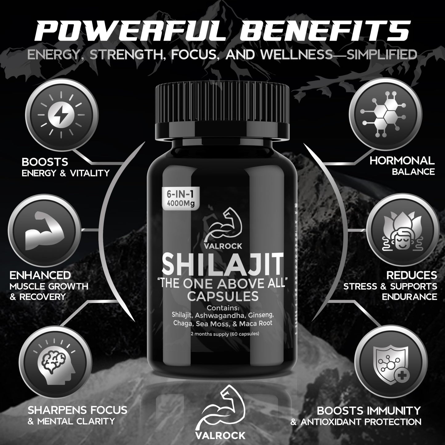 Valrock Shilajit 6-in-1 Capsules 4,000mg - 60 Days - Added Ashwagandha, Maca Root, Chaga, Ginseng & Sea Moss - High Strength Muscle Building & Performance Capsules for Men & Women