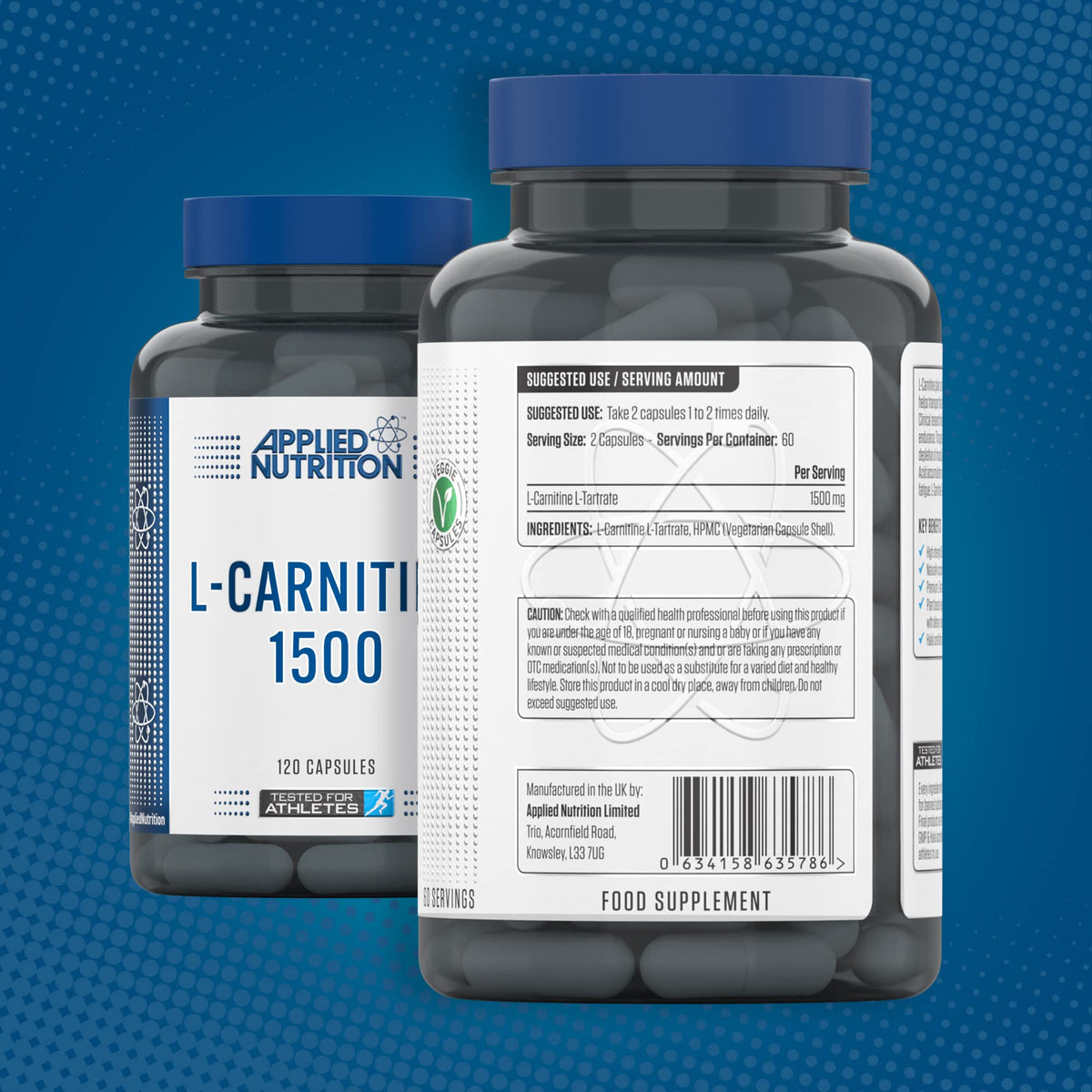 Applied Nutrition L-Carnitine 1500mg - Carnitine Supplement Premium L-Tartrate Form, High Strength, Energy Boost & Weight Management (120 Capsules - 60 Servings)