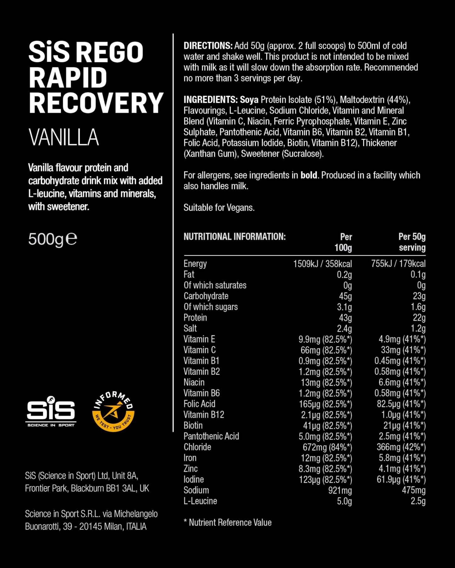 Science in Sport Science In Sport REGO Rapid Recovery Protein Powder, Vegan Protein Powder for Muscle Recovery, Vanilla, 10 Servings, 500g Bag
