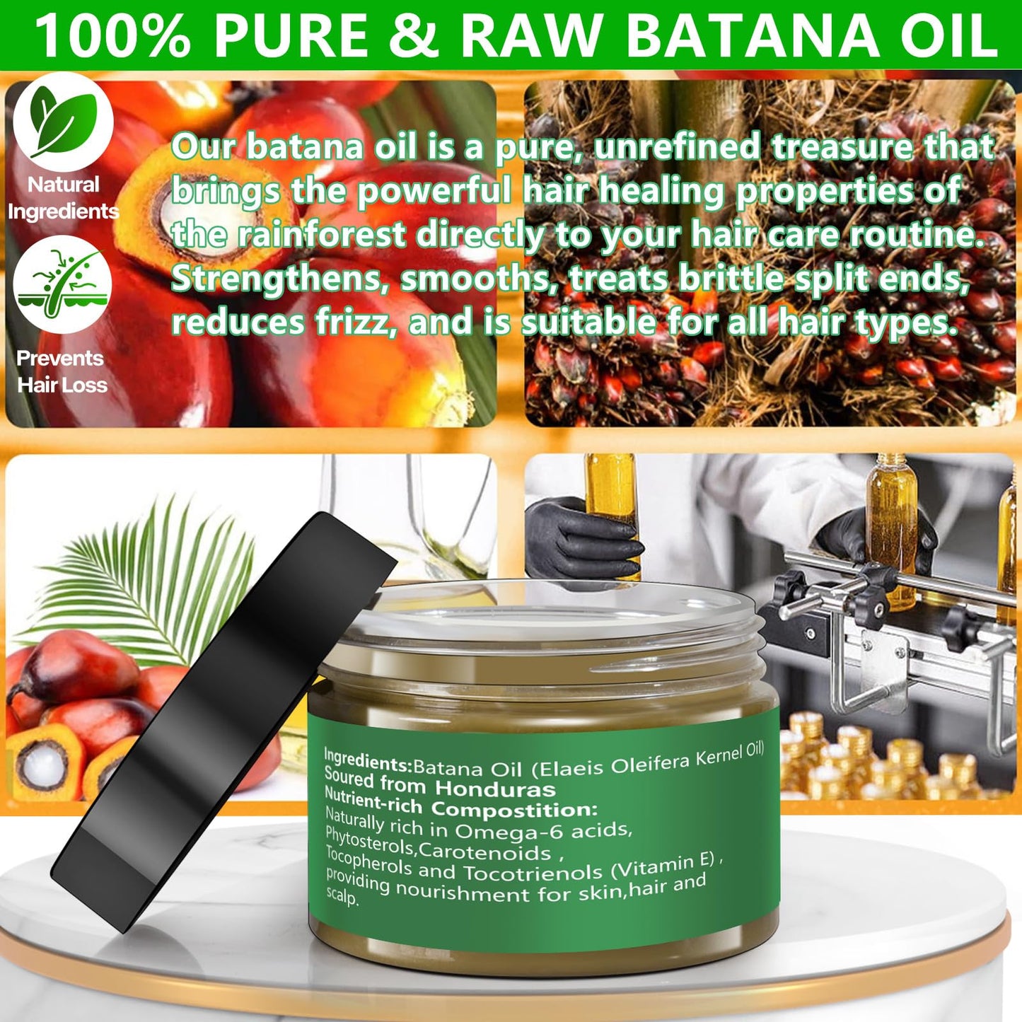 Go Ho Raw Batana Oil for Hair Growth,100% Pure Batana Oil Organic Dr. Sebi,Rich in Vitamin E, Increases Shine,Scalp and Hair Care for Women&Men,Prevent Hair Loss(120g)