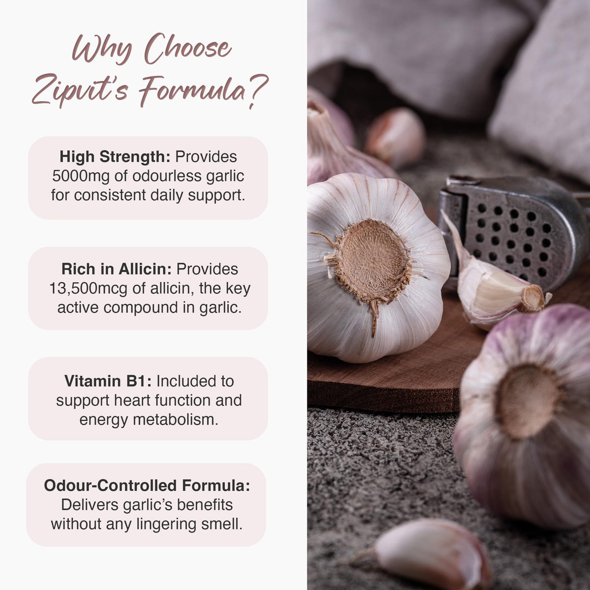 Zipvit Odourless Garlic Capsules 5000mg with Vitamin B1 – 360 Capsules (12 Month Supply) – 10mg 500:1 Garlic Extract