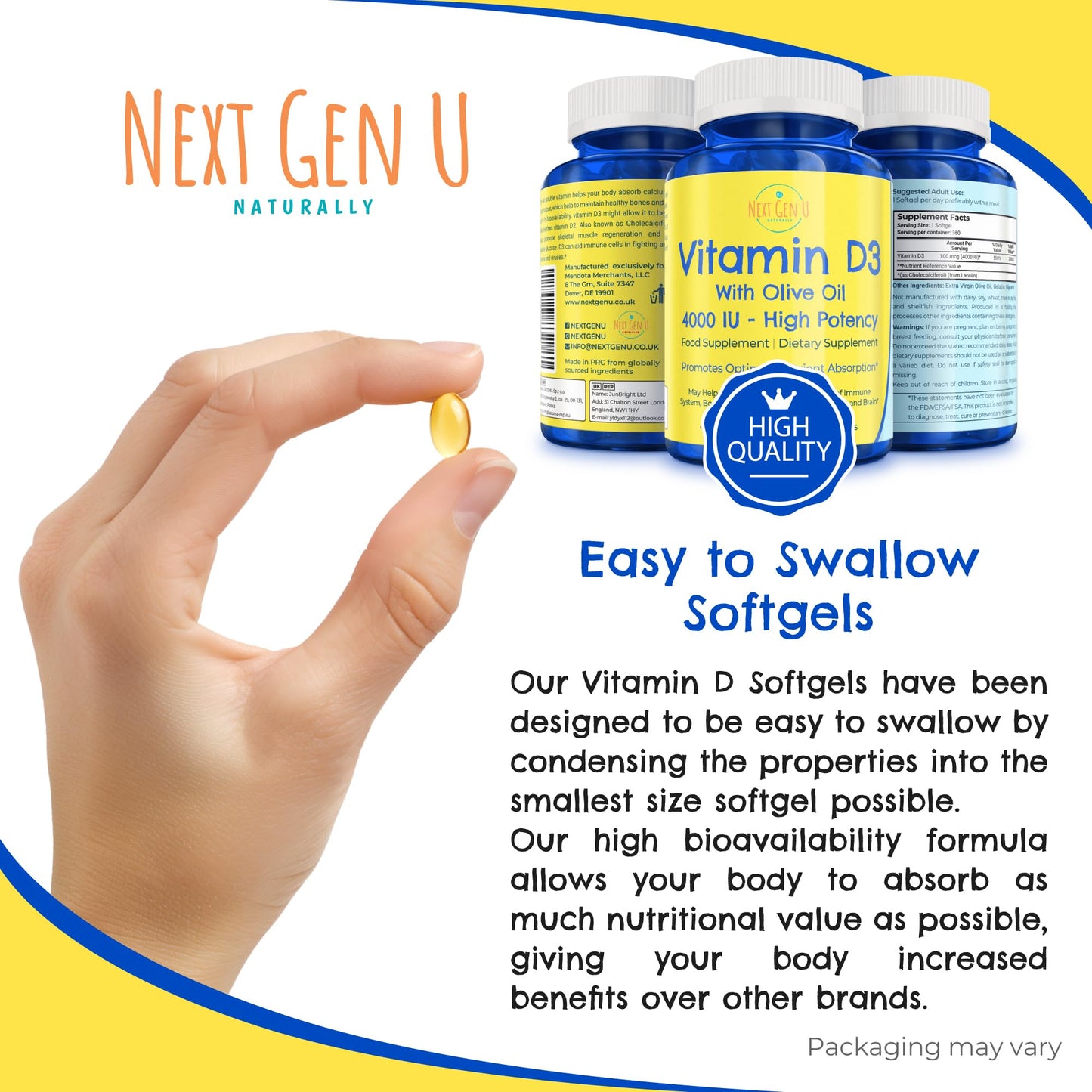 Next Gen U Vitamin D3 4000 IU Food Supplement w/Olive Oil to Support Immune & Bone Health, 360 Softgels