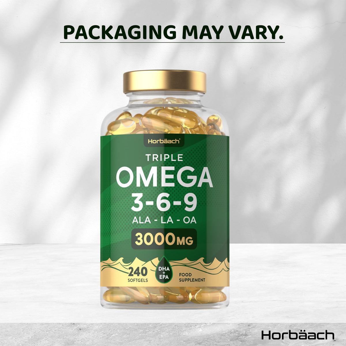 Horbäach Triple Omega 3 6 9 Capsules 3000mg ALA, LA & OA | 240 Softgels | High Strength EPA & DHA Essential Fatty Acids | Supplement with Fish Oil, Flaxseed & Sunflower Oil | by Horbaach