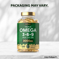 Horbäach Triple Omega 3 6 9 Capsules 3000mg ALA, LA & OA | 240 Softgels | High Strength EPA & DHA Essential Fatty Acids | Supplement with Fish Oil, Flaxseed & Sunflower Oil | by Horbaach