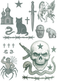 Inkwear Realistic Russian Prison Tattoos – Set 2 – 2 A4 Sheets – Ultra-Real Fake Tattoos for Film, Theatre, Halloween Cosplay – No Shine, Copyright-Free for TV Use
