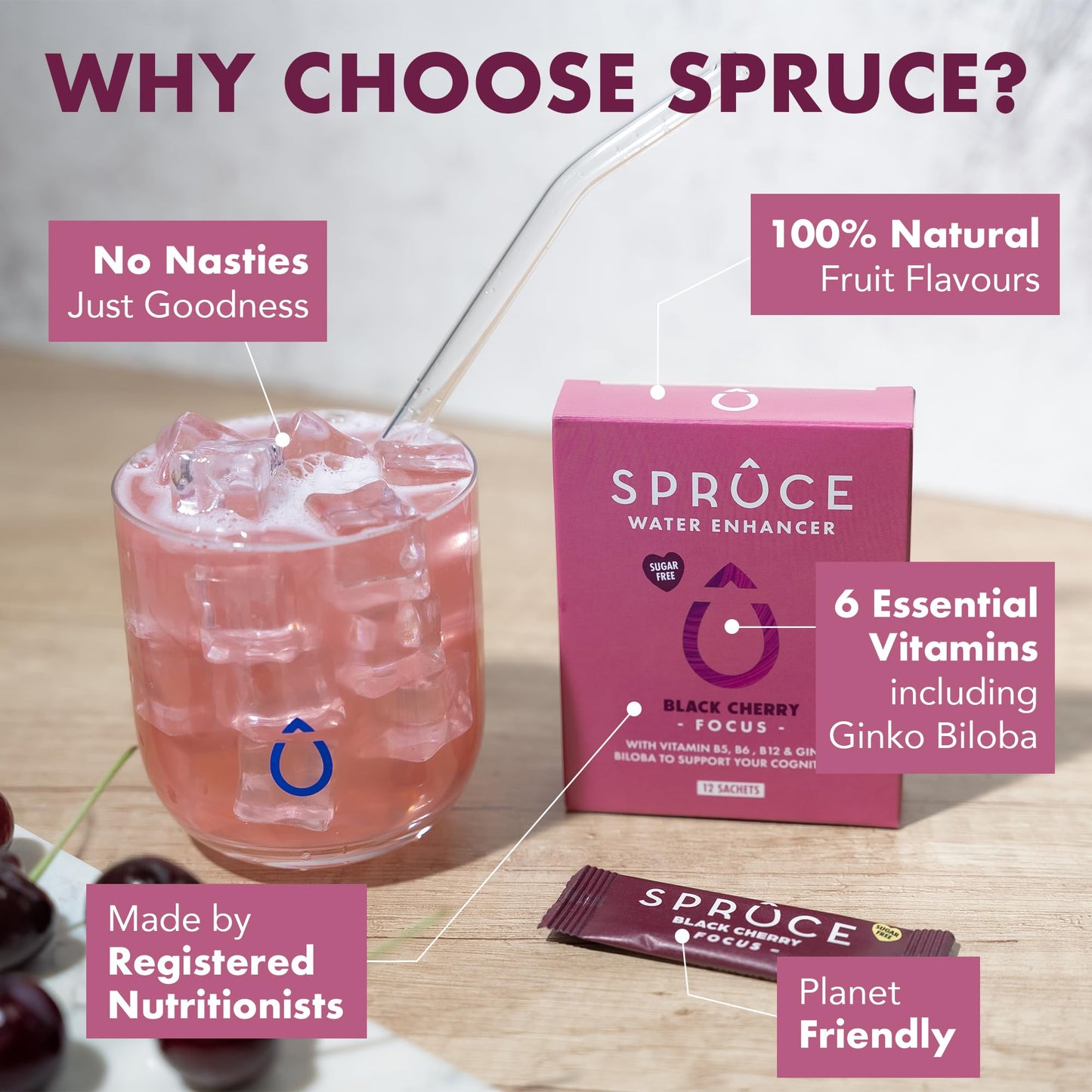Spruce Sugar-Free, Low Calorie Water Enhancer With Ginkgo Biloba – Antioxidant – Supports Cognition, Focus & Memory, Hydration Powder With Vitamins & Minerals - Black Cherry, 12 Sachets