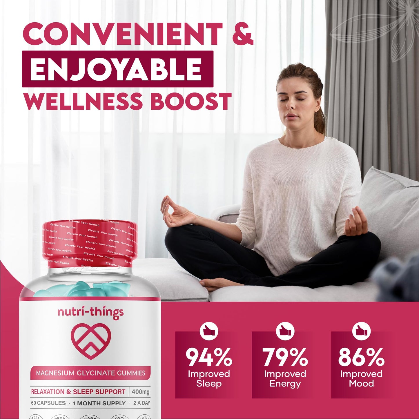 Nutri-things Magnesium Glycinate Gummies Adult - Mixed Berry Flavor, 400mg High Absorption Magnesium Chewable for Stress Relief, Sleep & Muscle Relaxation - Non-GMO, Gluten-Free - 60 Count, 30-Day Supply