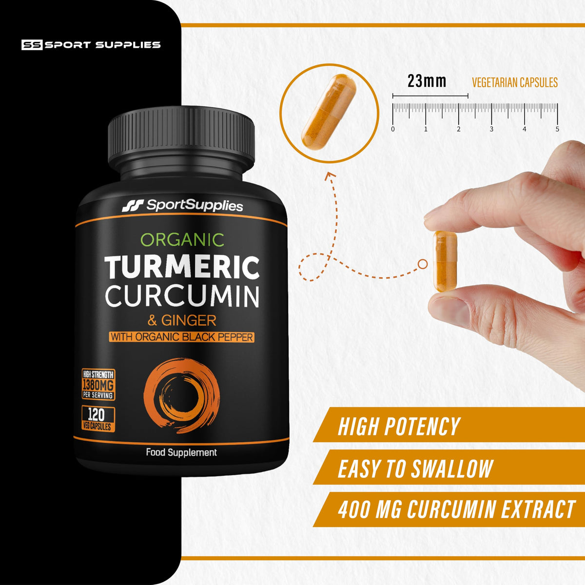 SS Sport Supplies Organic Turmeric Capsules High Strength and Black Pepper with Active Curcumin with Ginger 1380mg - Advanced Tumeric - Each 120 Veg Capsule is Organic (2 Capsules per Serving)