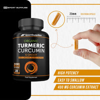SS Sport Supplies Organic Turmeric Capsules High Strength and Black Pepper with Active Curcumin with Ginger 1380mg - Advanced Tumeric - Each 120 Veg Capsule is Organic (2 Capsules per Serving)