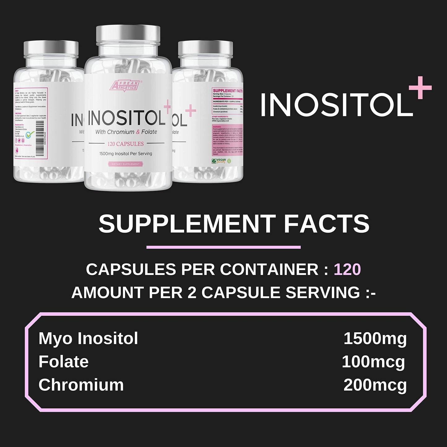 Myo Inositol Capsules by Freak Athletics - Inositol Capsules with Chromium & Folate - 120 Capsules Vegan & Vegetarian Friendly - UK Made