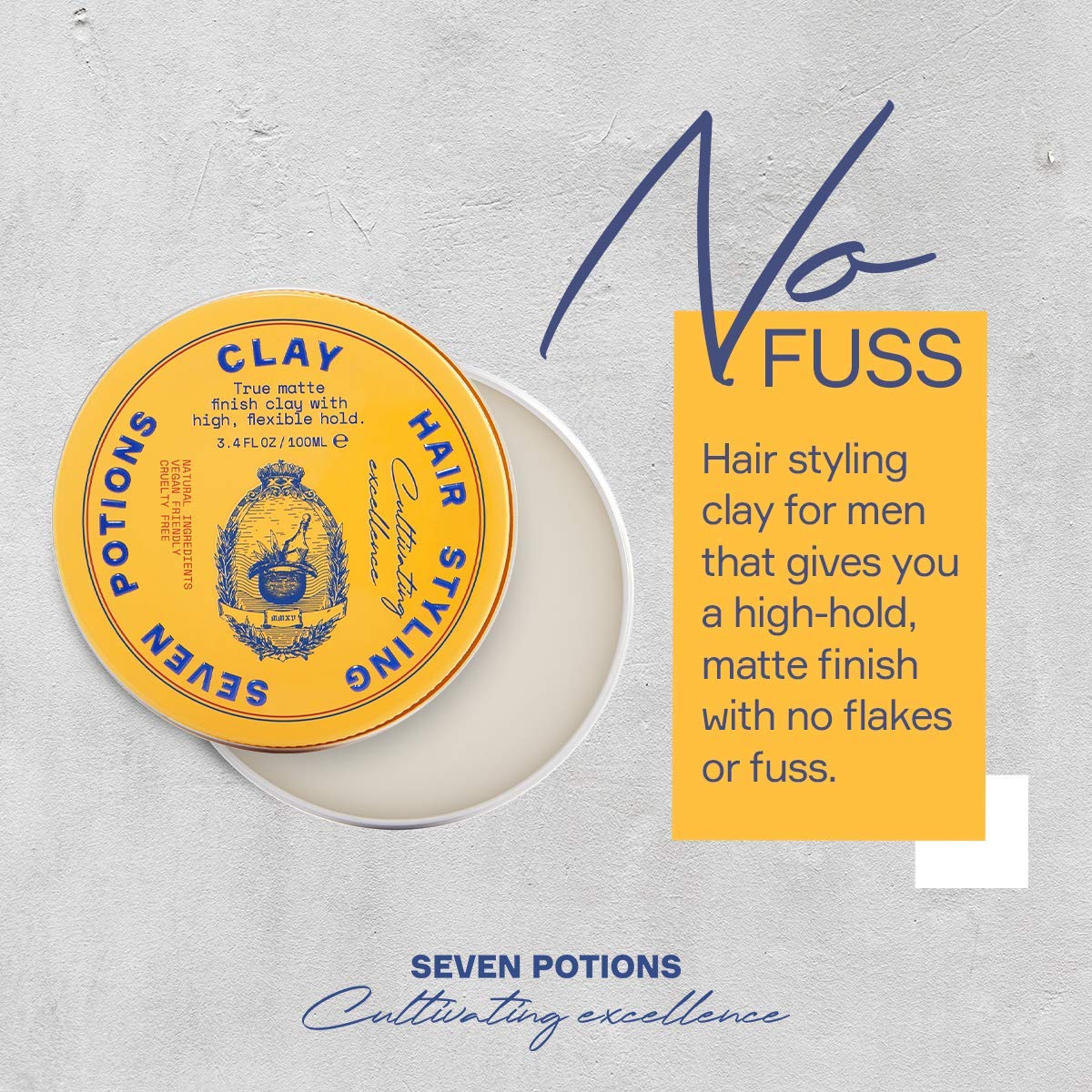 SEVEN POTIONS Seven Potions Men's Hair Styling Clay — Natural, Water-Based, Matte Hair Wax, High Hold Hair Styling Product — 100% Vegan, Cruelty Free (100ml)