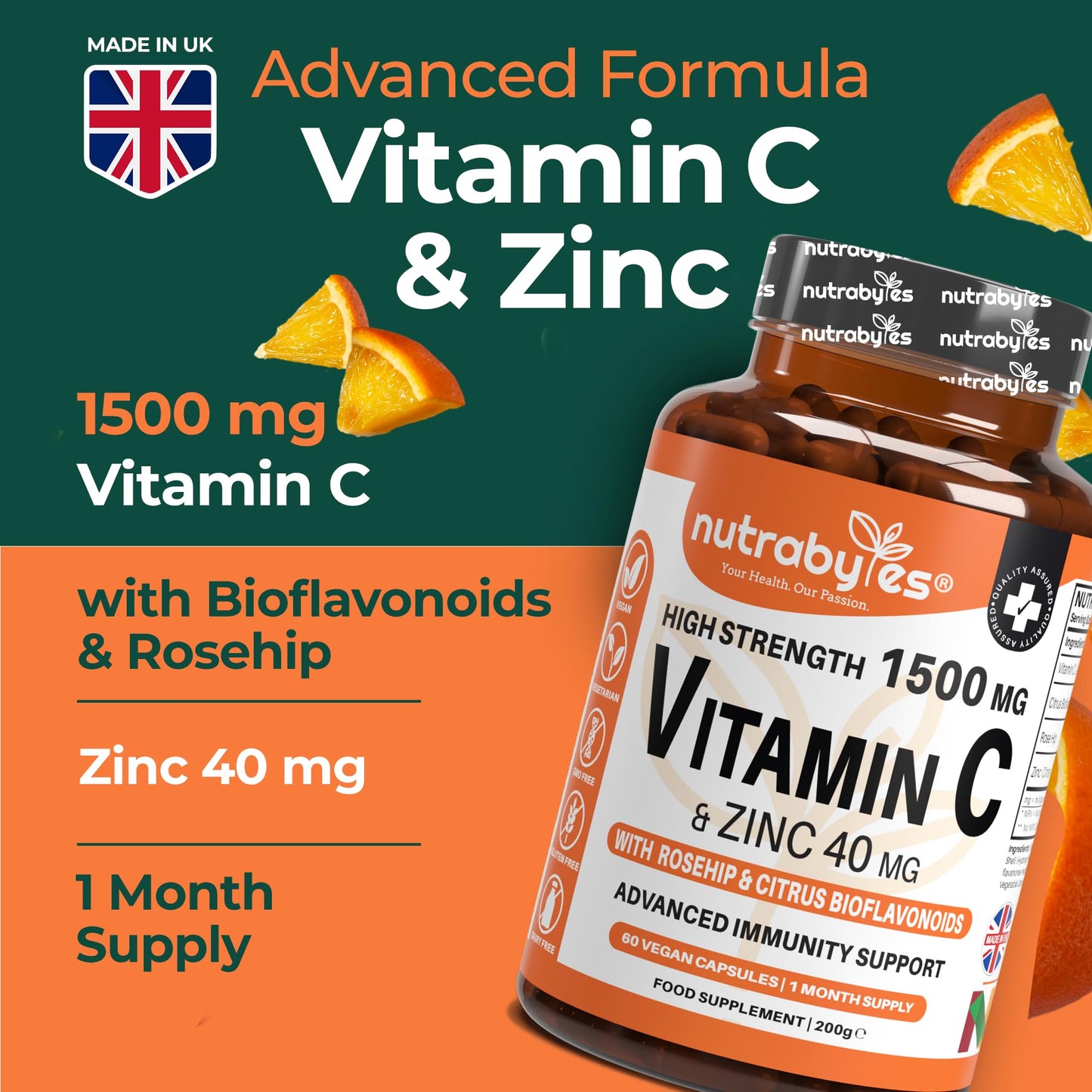 NUTRABYTES Nutrabytes High Strength 1,500mg Vitamin C & 40mg Zinc Supplement, 60 Capsules | Advanced Immune Support with Zinc, Rosehip & Citrus Bioflavonoids | 1 Month | Vegan Capsules | UK Made