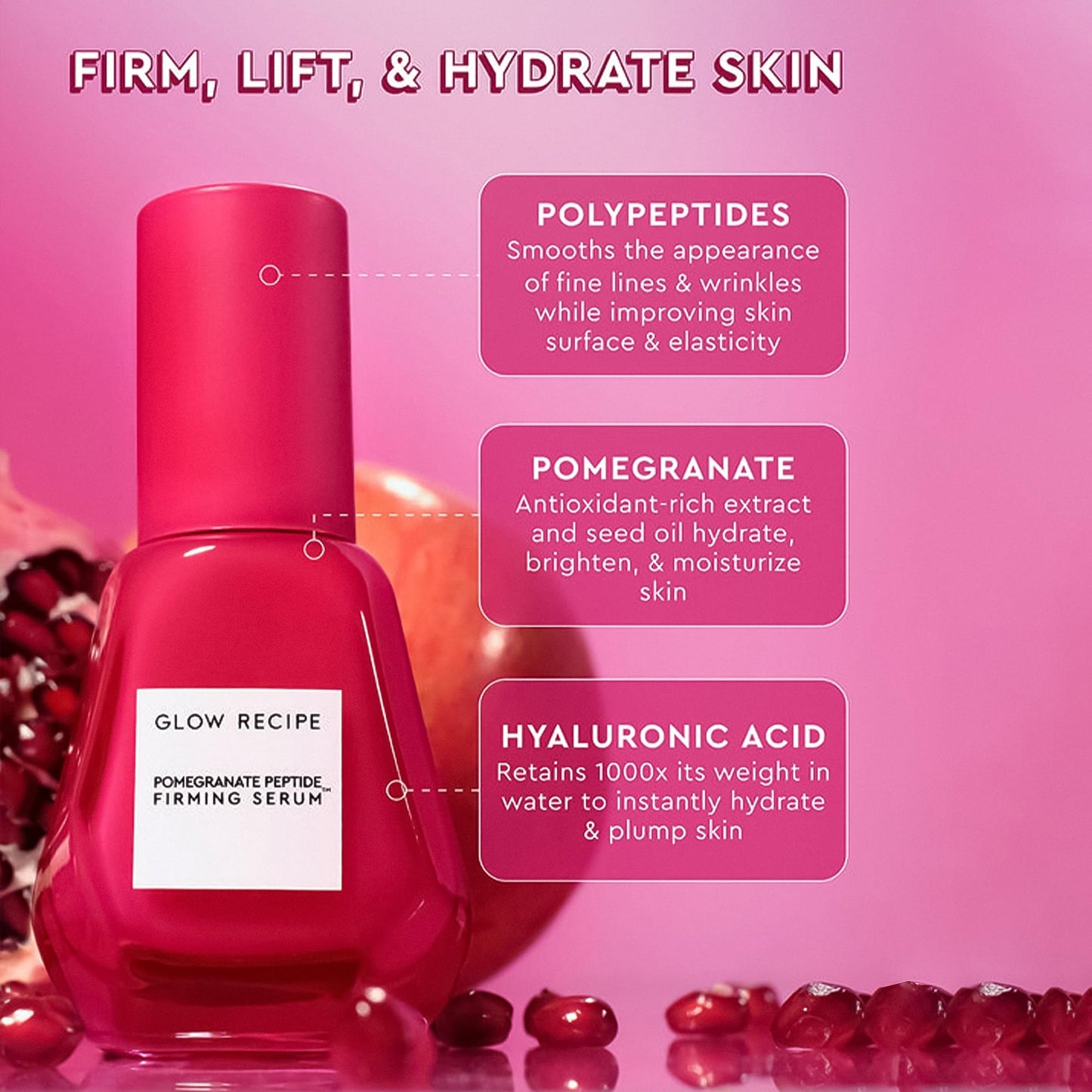 Glow Recipe Serum Skin Care Set - Avocado Ceramide Serum + Strawberry Smooth AHA BHA Serum + Plum Plump Hyaluronic Acid Serum + Pomegranate Peptide Firming Serum Set - 4 Piece Travel Skincare Gift Set