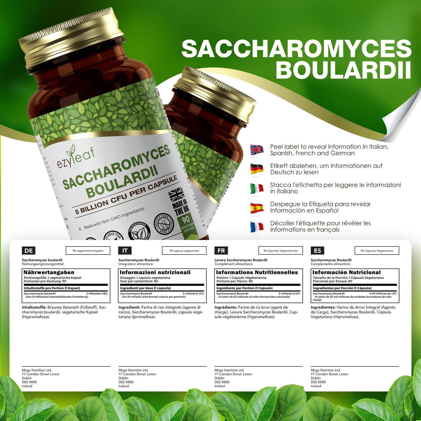 Ezyleaf Nutrition EZ Saccharomyces Boulardii [5 Billion CFU] | 90 Vegan Capsules | Supplement | S. Boulardii with Clean Fillers | ISO Certified, Non-GMO, Gluten & Allergen Free