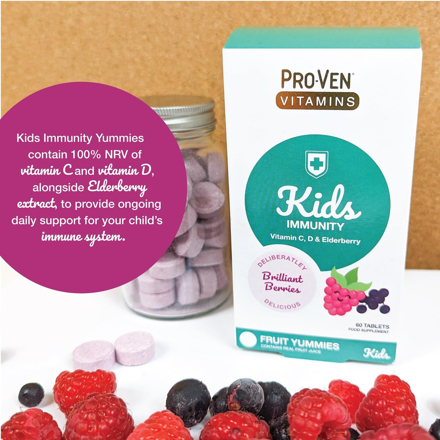 Proven Children's Vitamins - Immune System Booster Kids - 60 Delicious Chewable Daily Immunity Tablets with Vitamin C, D & Elderberry Extract, Carefully Formulated for Bone, Teeth & Muscle Health