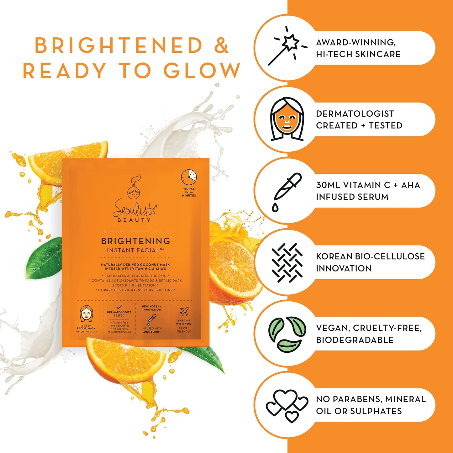 Seoulista Beauty® Brightening Instant Facial™ 30ml | Treatment Face Sheet Mask for Dry Skin Dark Spots and Pigmentation | Dermatologist Created Korean Skin Care | Infused with Vitamin C & AHAs