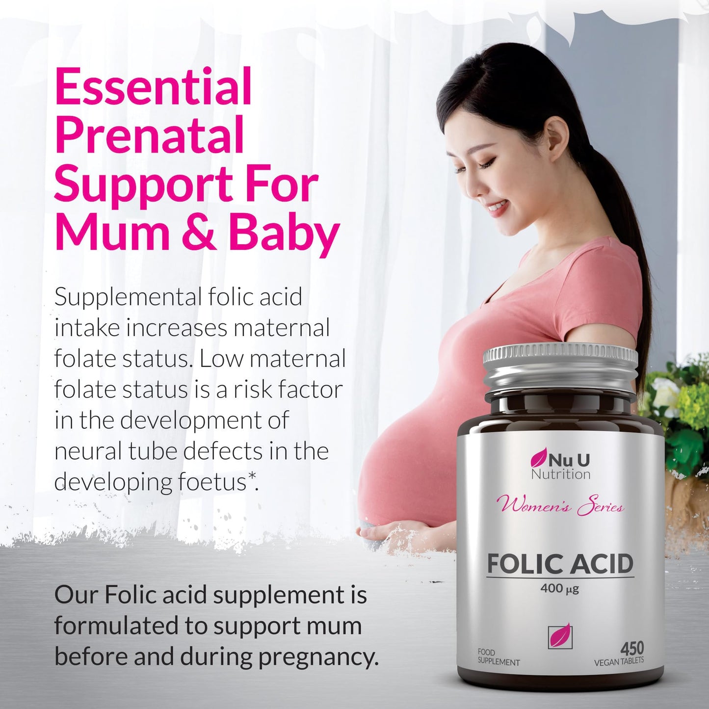 Folic Acid 400 mcg - 450 Vegan Tablets - 15 Month Supply - High Strength Pregnancy Vitamins for Women - Vitamin B9 Supports Maternal Tissue Growth During Pregnancy - Prenatal Vitamins
