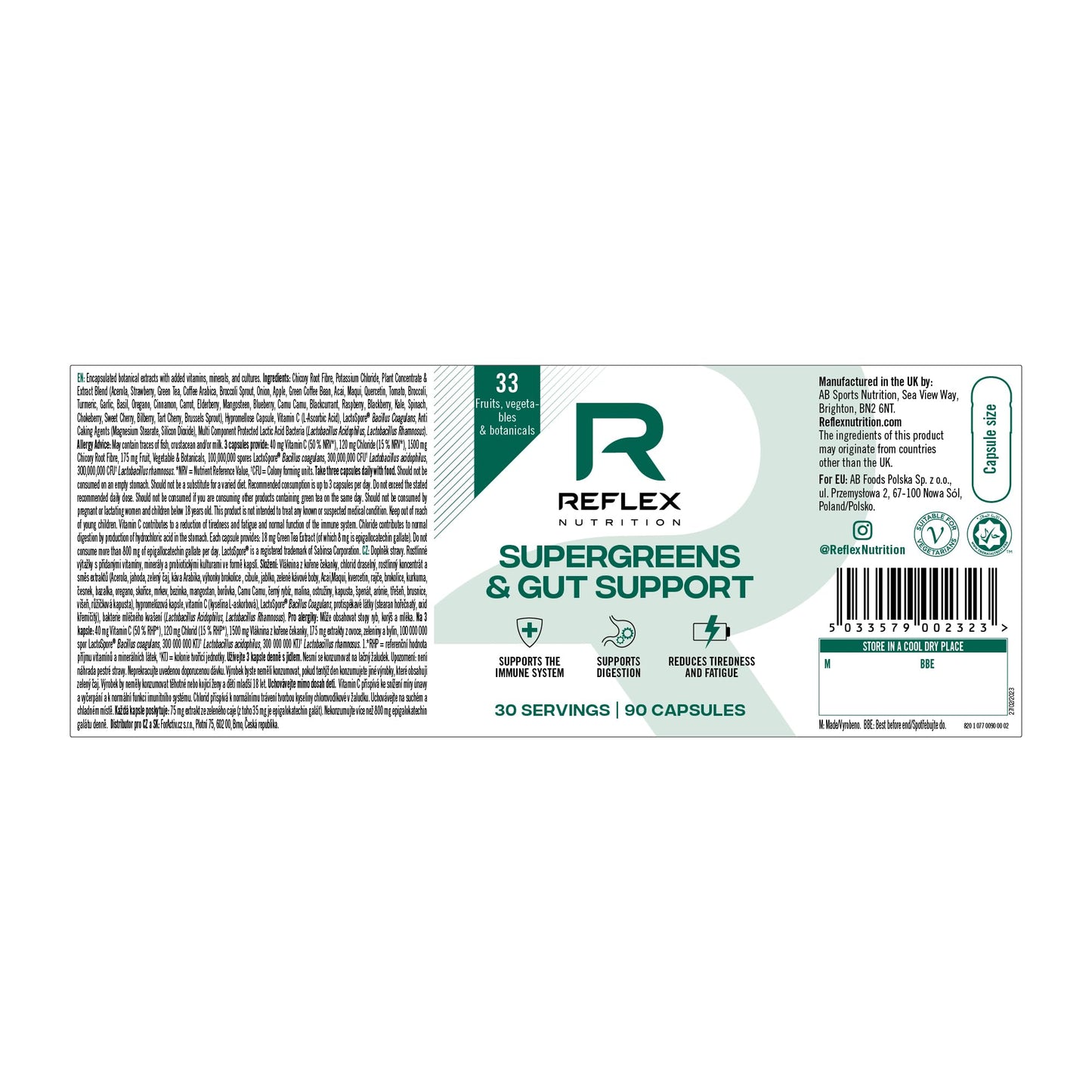 Reflex Nutrition Reflex Nutition Supergreens & Gut Support - 33 Active Ingredients - Prebiotics, Probiotics, Vitamins & Minerals - Immune Support, Reduce Fatigue & Bloating - Vegan Gut Health Supplement (90 Capsules)