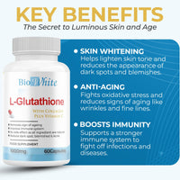 Bio White Glutathione Supplement - Natural Skin Whitening Anti-Aging Benefits and Improves Immunity, L-Glutathione Pills for Men & Women - Pure Antioxidant, 60 Capsules (1000mg)