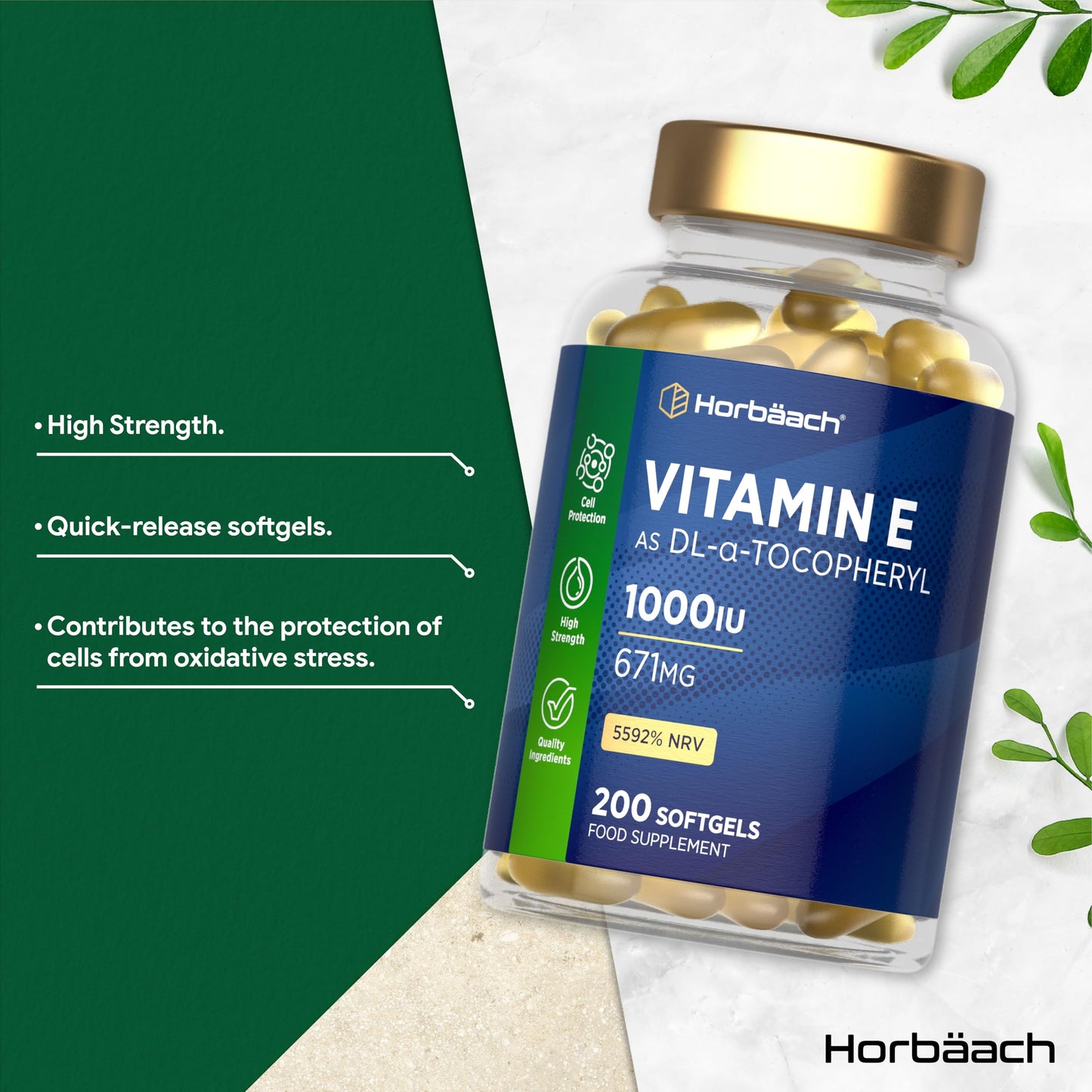 Horbäach Vitamin E Capsules High Strength 1000iu | 200 Count | Vitamin E as DL-Alpha Tocopheryl Acetate | No Artificial Preservatives | By Horbaach