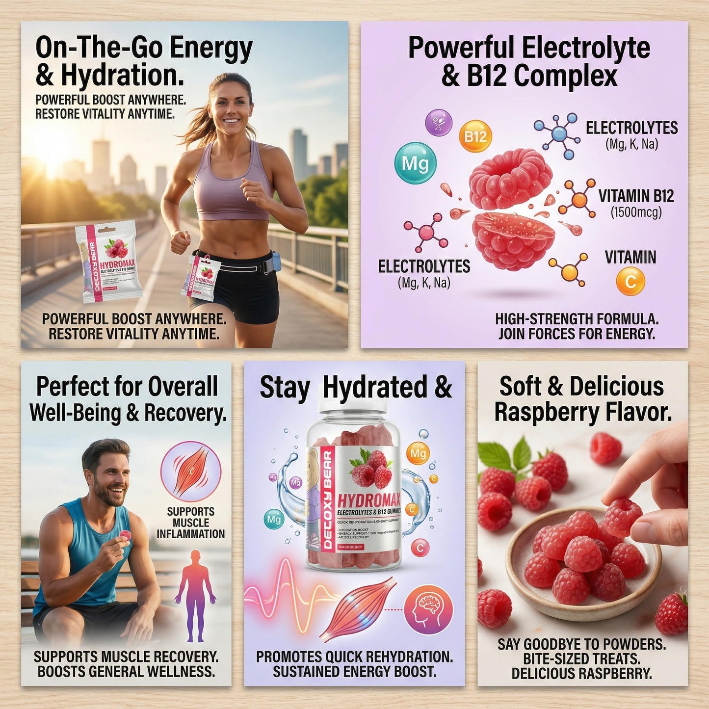 DETOXY BEAR LTD Hydromax Electrolytes Gummies - 60-Count Keto Electrolyte 2000mg and B12 Vitamin 1500mcg - Soft Chewable Gummies for Energy Support, Non GMO, Hydration Boost, Muscle Recovery