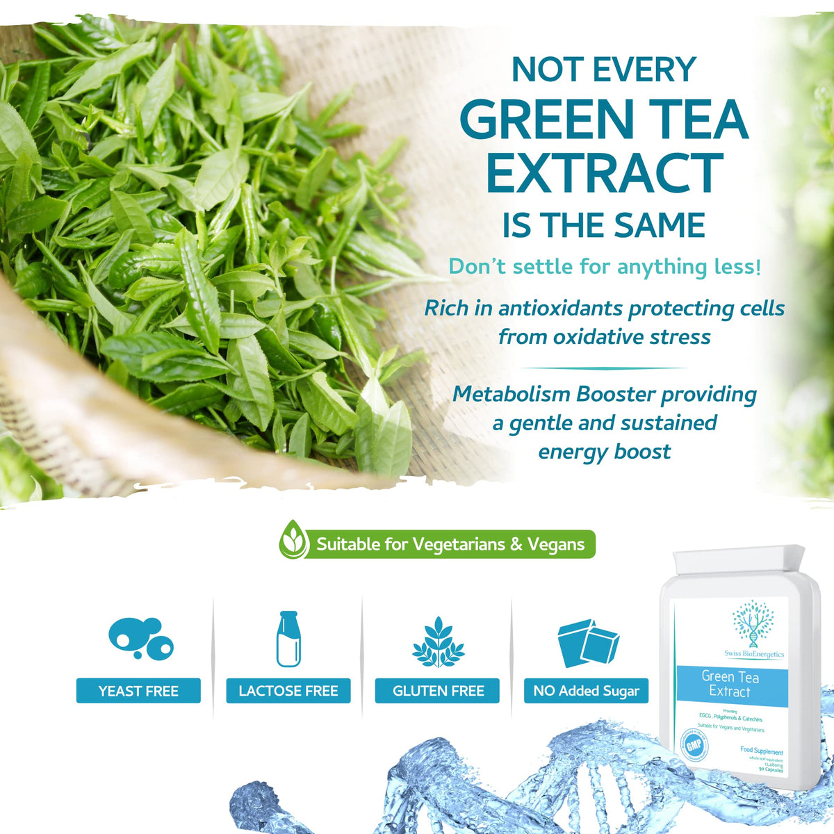 swiss bioenergetics Green Tea Capsules - 12,480mg - 90 Capsules of Premium Extract - Contains Polyphenols, Catechins & EGCG - Powerful Antioxidant for Immune Health - not Green Tea Tablets - Made in UK