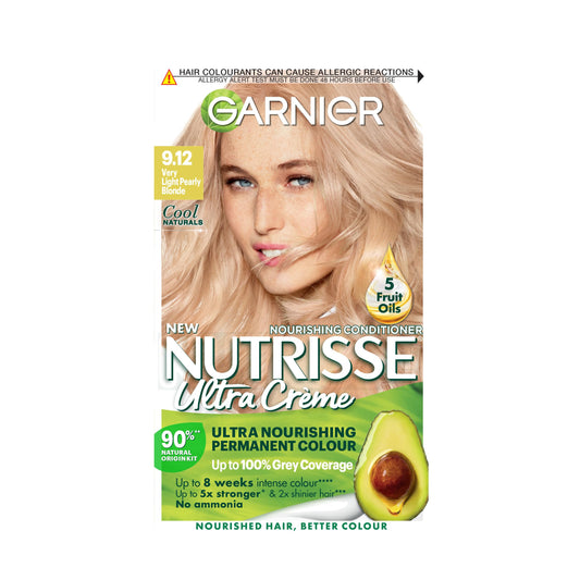 Garnier Nutrisse Creme Blonde Hair Dye Permanent, Up to 100% Grey Hair Coverage, 90% Natural origin formula, No Ammonia, with 5 Oils Nourishing Hair Mask Conditioner, 9.12 Very Light Pearly Blonde