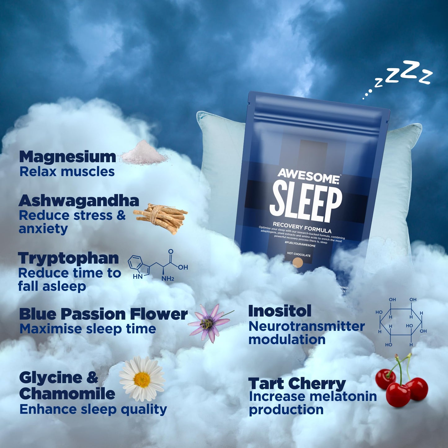 Awesome Supplements - Awesome Sleep Recovery Formula with Magnesium, Ashwagandha & Chamomile Extract (241g, Berry Tea)