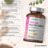 Horbäach Multivitamin Tablets for Teen Girls | 120 Count | 14 Essential A-Z Vitamins and Nutrients | with Iron, Vitamin B12, Folic Acid and Magnesium | Vegetarian | By Horbaach