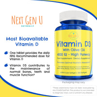 Next Gen U Vitamin D3 4000 IU Food Supplement w/Olive Oil to Support Immune & Bone Health, 360 Softgels