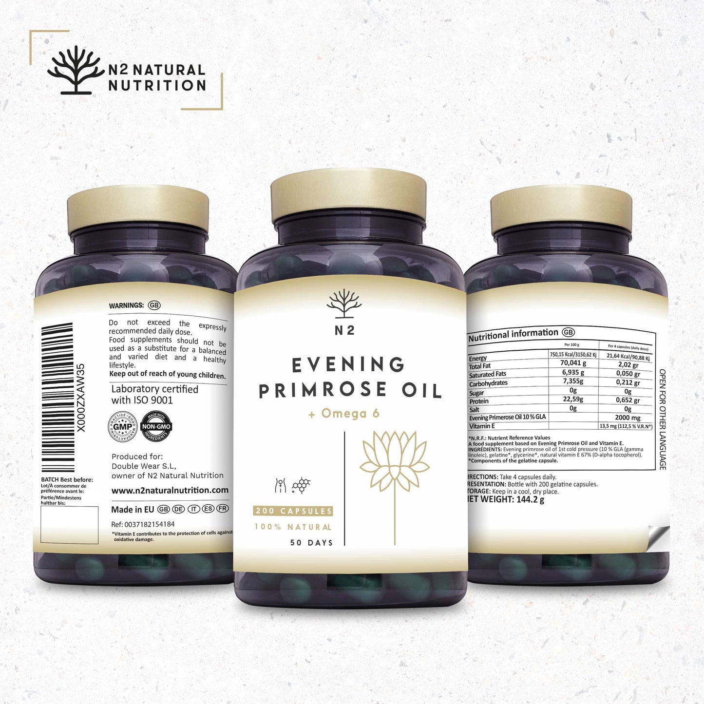 Evening Primrose Oil 2000 mg, 10% GLA. 200 Softgel Capsules with Vitamin E and Omega 6. High Strength, Easy Swallow, Cold Pressed. Menopause, Skin and Nails Care. Made in EU. N2 Natural Nutrition